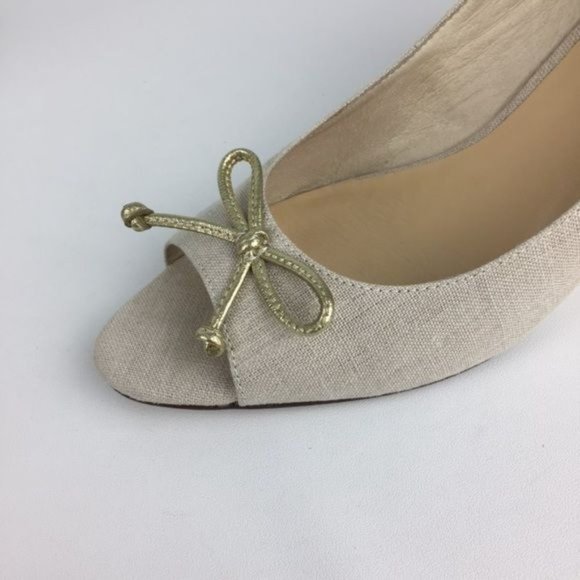 Kate Spade Womens Linen Peep Toe Wedge Heels Beige Cream Shoes Gold Bow size 10 - Picture 10 of 15
